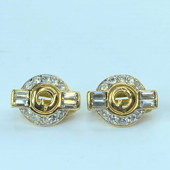 Paris Givenchy G Logo gold tone Rhinestone clip-on Earring Gold 7.8g GS389 - Picture 1 of 6
